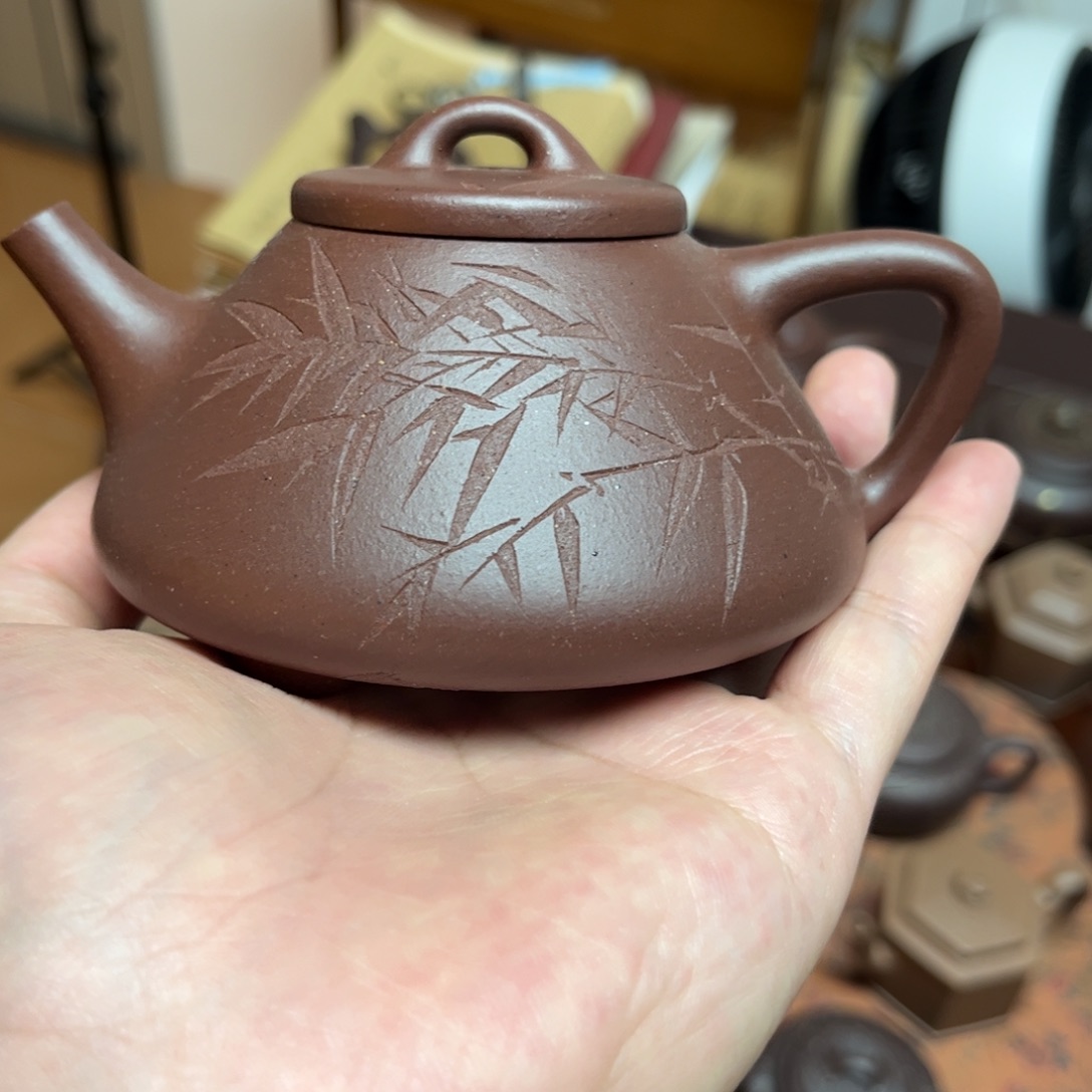 辉***哥紫砂茶壶子冶石瓢刻绘竹叶