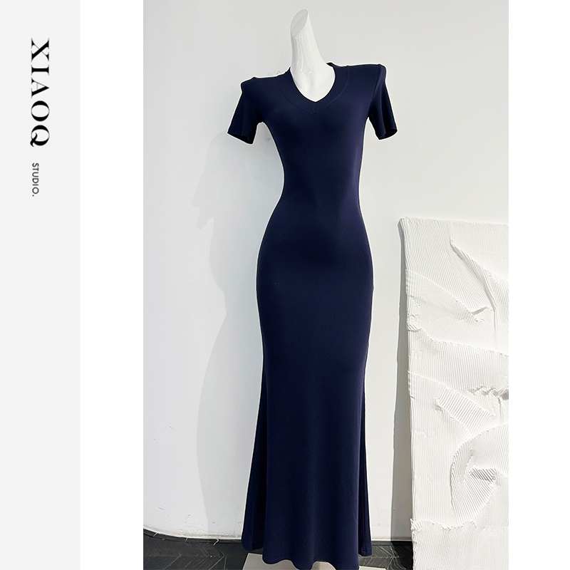 【小Q家】42361简约气质V领收腰鱼尾连衣裙