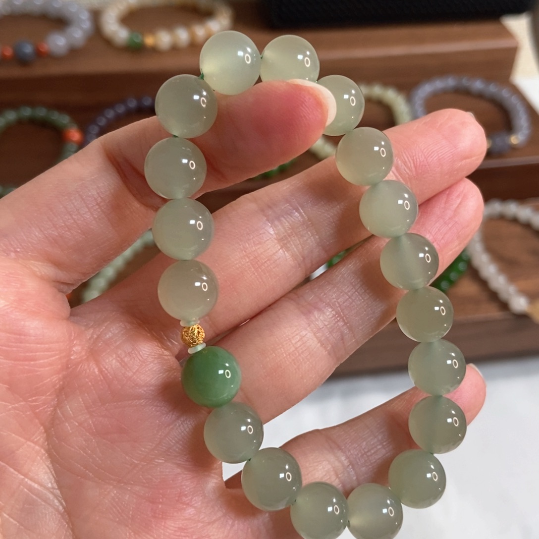 和田玉手链18K金镶嵌10mm高冰晴微猫