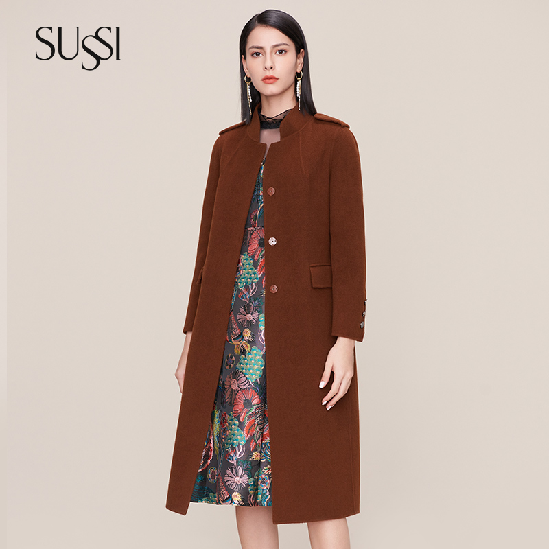 SUSSI/古色冬季新品商场同款焦糖色立领羊毛大衣秋冬气质中长款