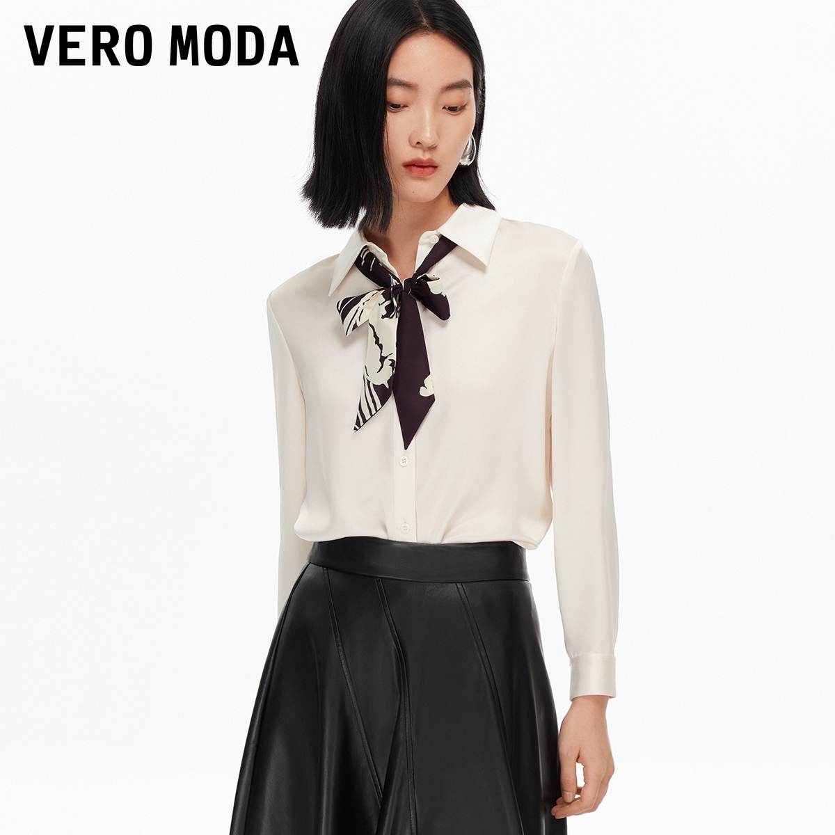 Vero Moda衬衫女2025秋季新款翻领系带纽扣直筒雪纺衬衫325305044