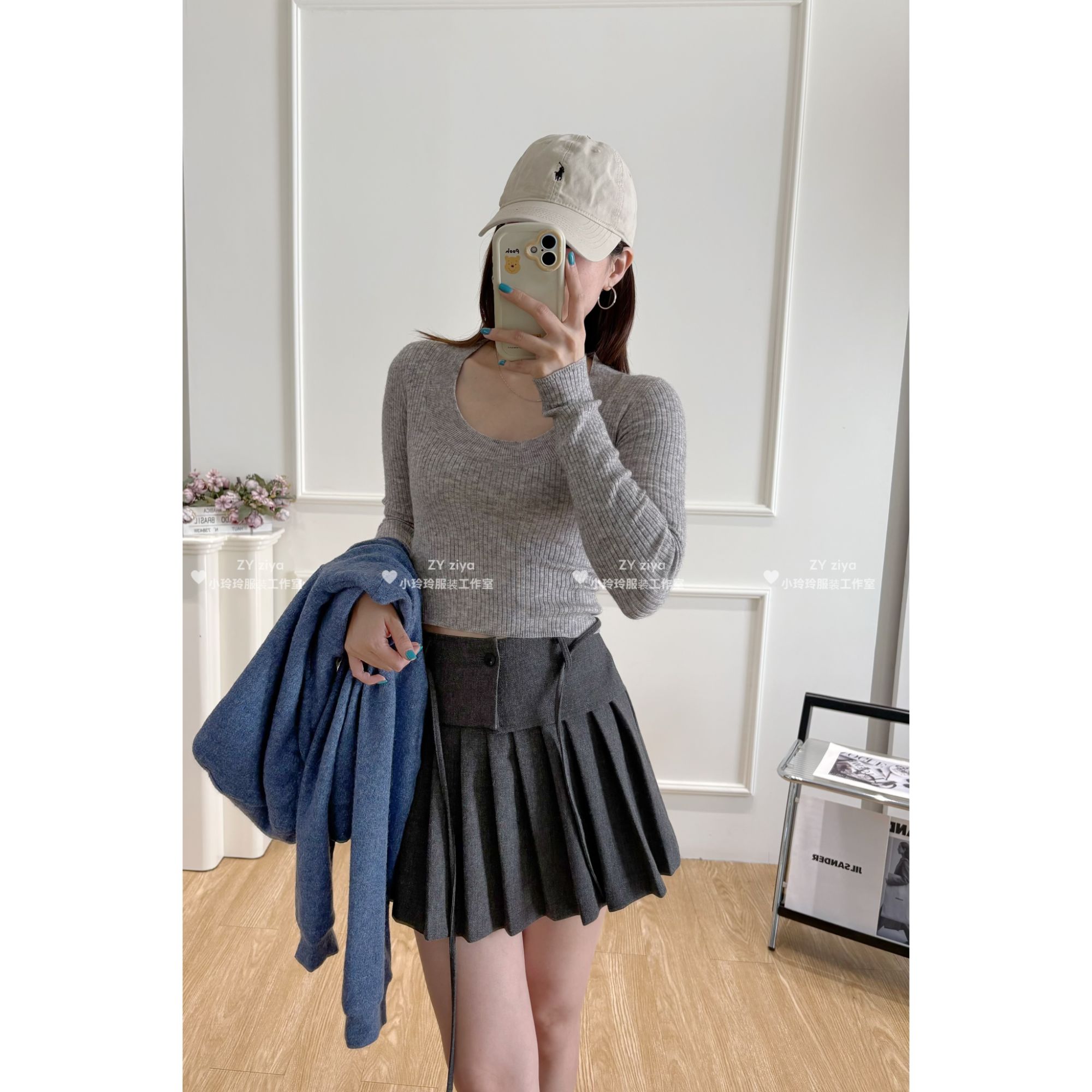   正肩显瘦百搭针织上衣9967＋时尚腰封毛呢百褶裙8373