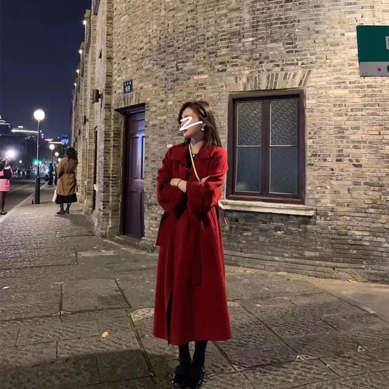 25红色新年战袍西西里慵懒大衣双面外套女长款秋冬羊毛呢外套