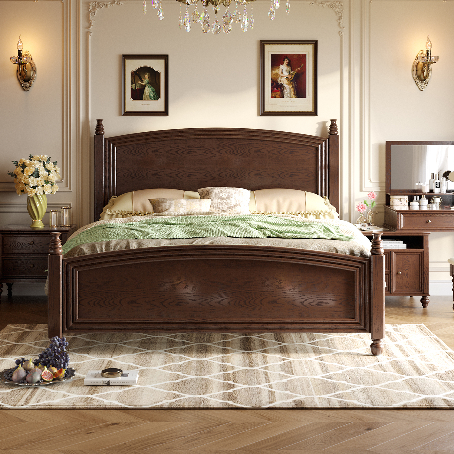 欧格娜中古风乡村美式实木床简约1.8M双人床复古法式轻奢婚床主卧