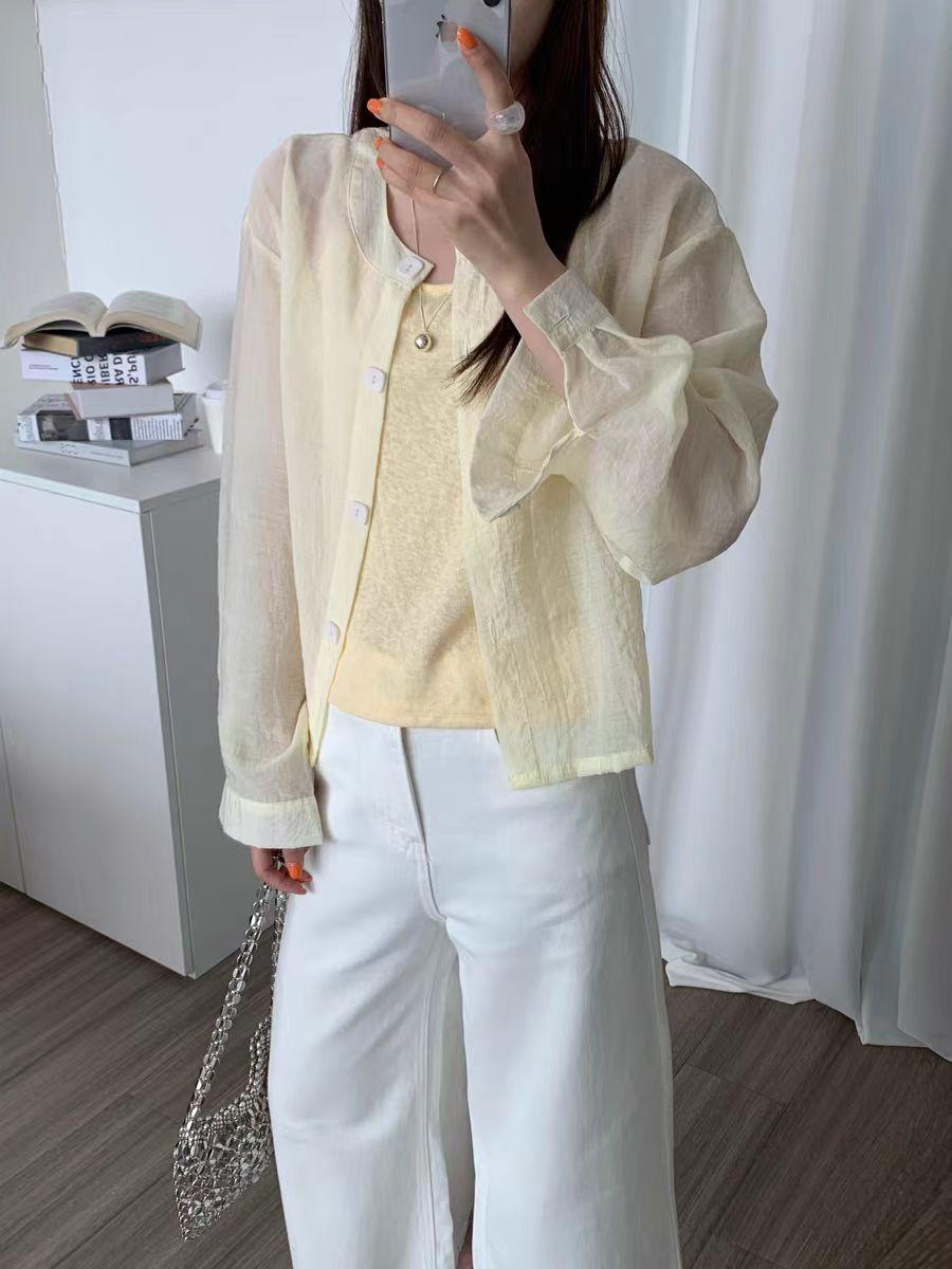 2025夏新款韩版时尚法式休闲圆领长袖防晒衬衫两件套8821