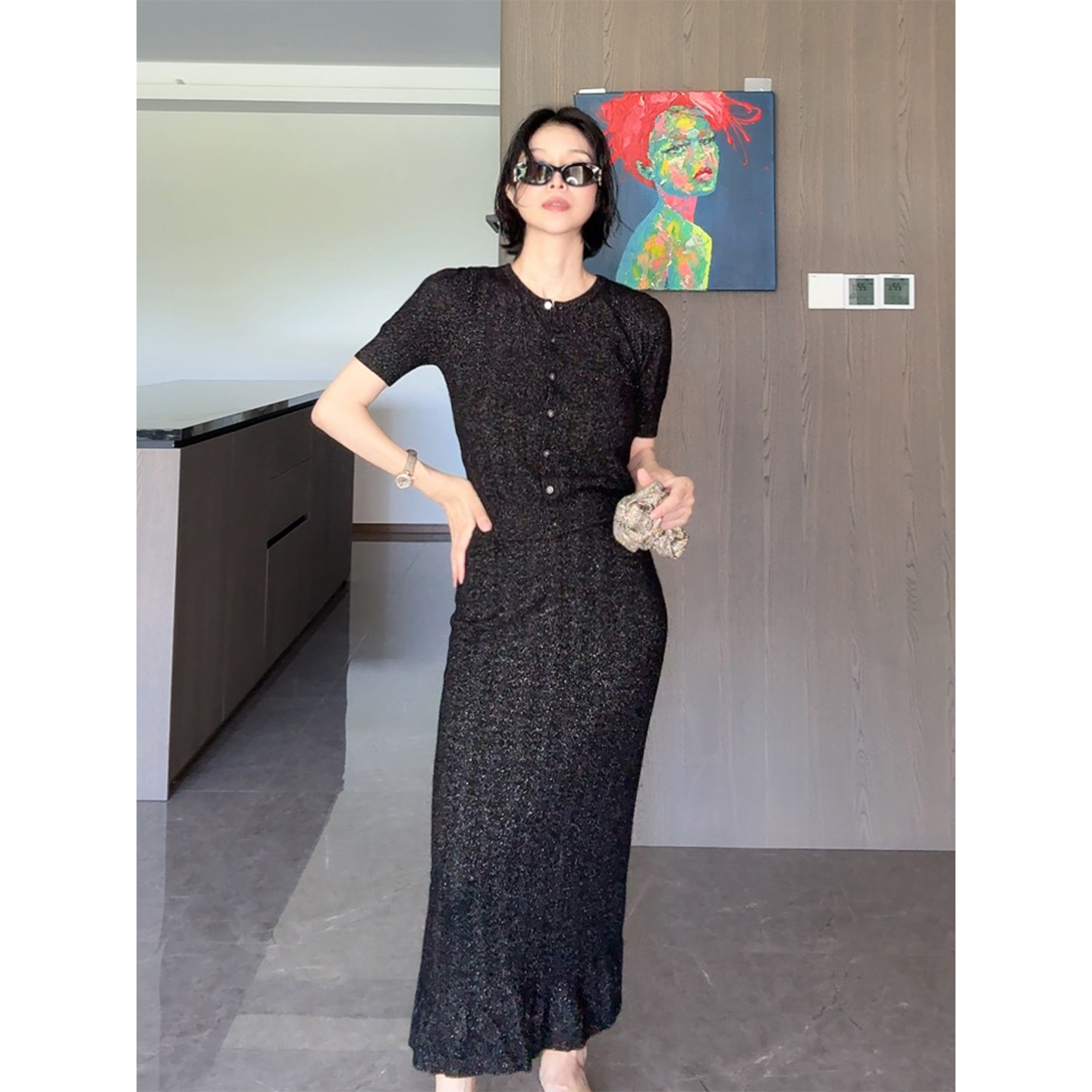 Daily romance25意大利进口幻彩白/闪耀黑羊绒羊毛提花开衫/半裙