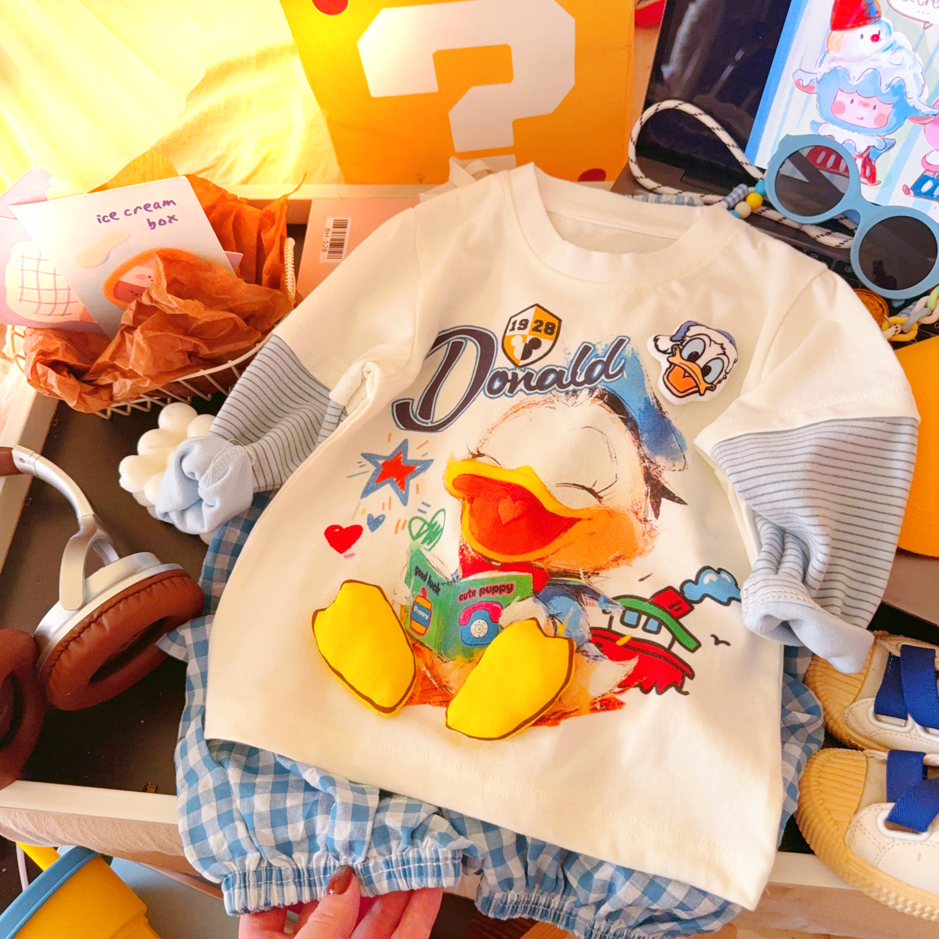 儿童立体玩偶秋冬打底衫男女童长袖T恤秋装2025新款休闲风闪灯鸭