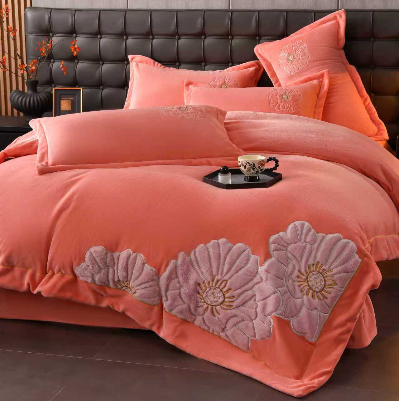 【绽放橙】加厚双面绒贴布绣花四件套牛奶绒被套柔软被罩床单