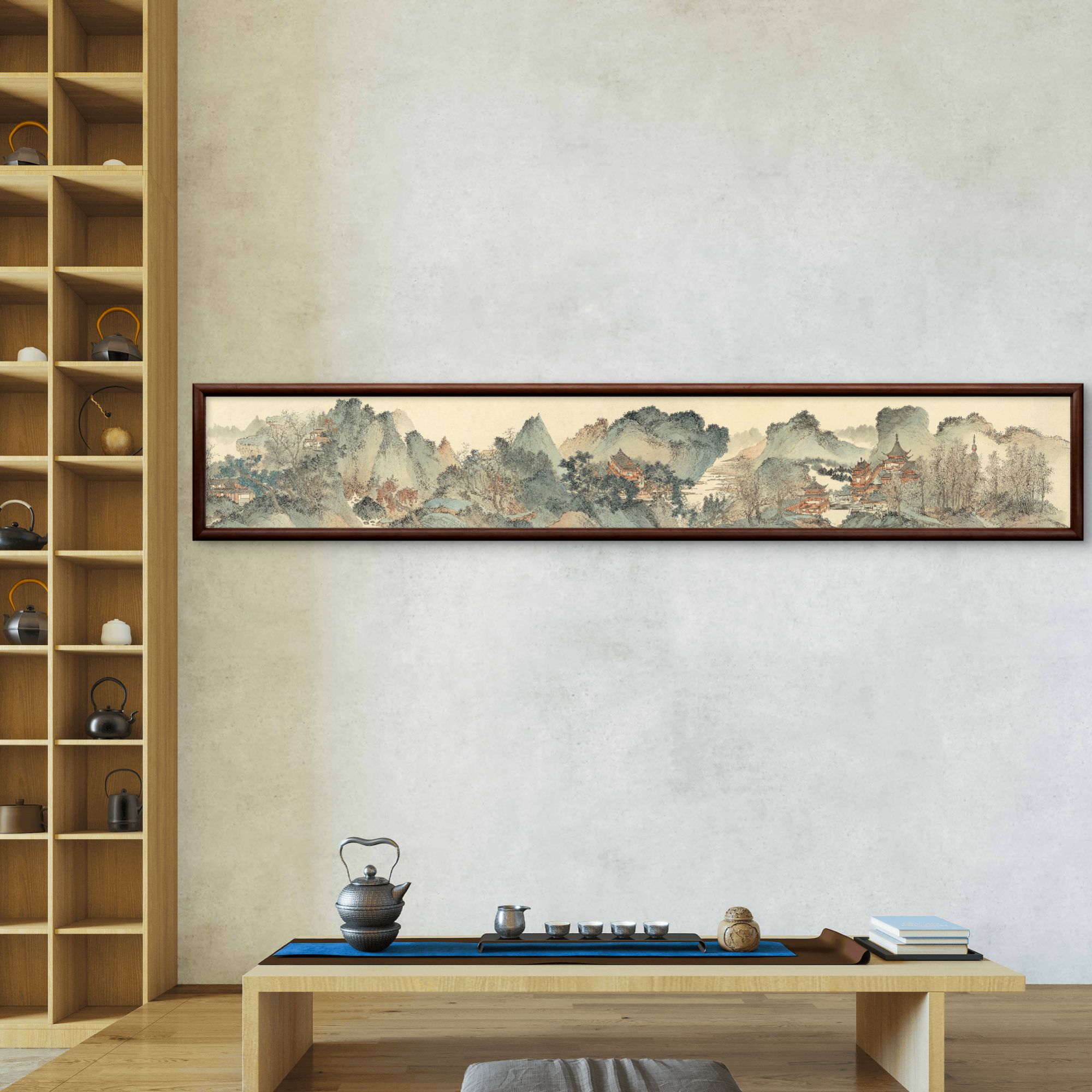 9961-40*240青山楼阁图中式装饰画实木框书房茶室客厅背景墙挂画