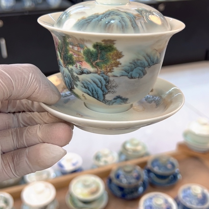 瓷片白青花粉彩富春山居图成香盖碗微