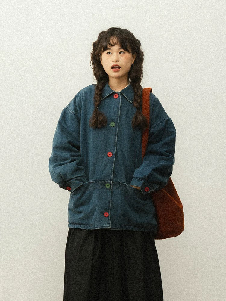 梧桐  复古大口袋中长款牛仔棉服