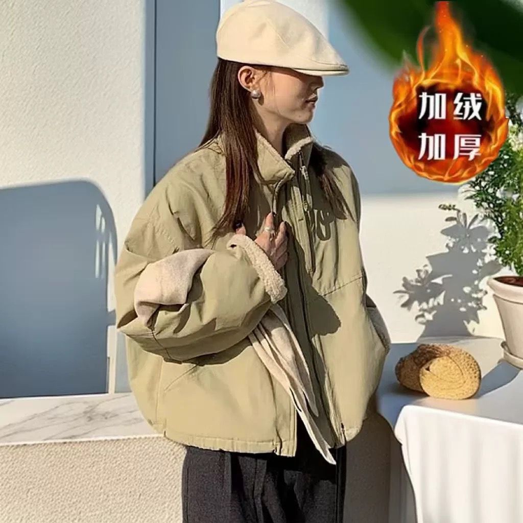 立领短款派克服女2025冬季韩版双拉链设计加绒加厚外套上衣