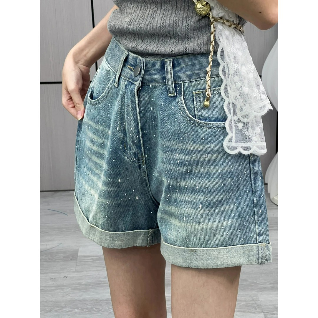 7544 GY卷边亮片高腰牛仔短裤女2025新款夏季复古百搭显瘦包臀裤