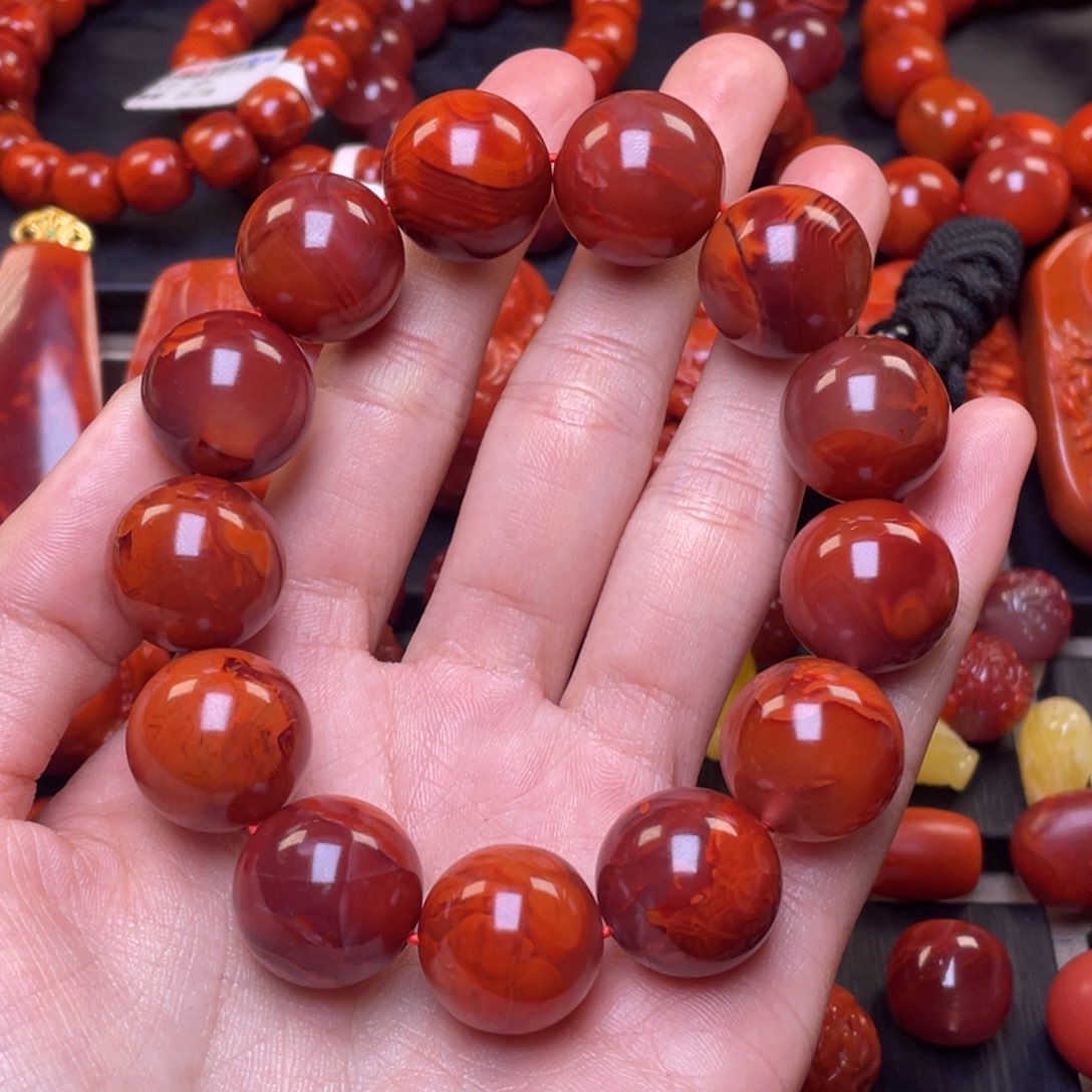南红玛瑙其它未镶嵌y17mm瓦西牛血红火焰纹手串