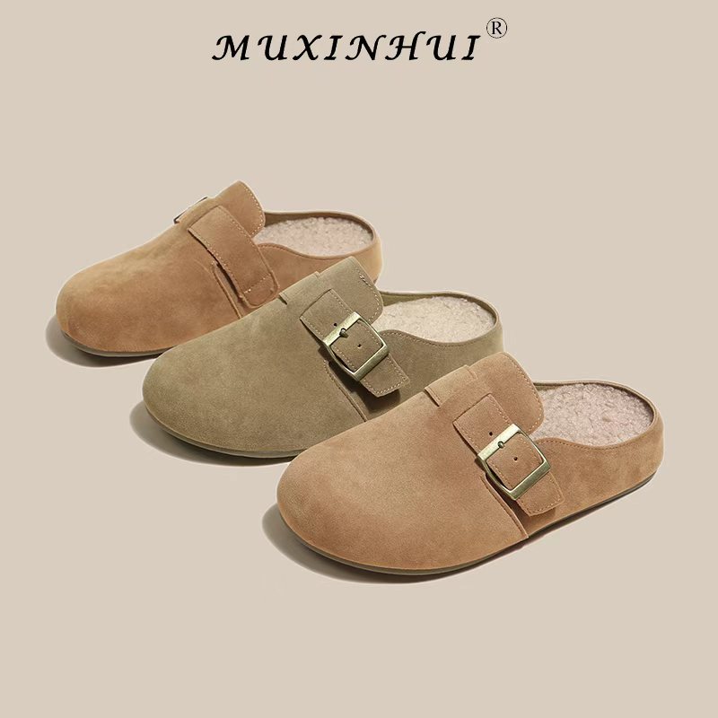 【品牌】厚底内增高加绒勃肯鞋包头半拖鞋女2025新秋冬棉拖7280-1