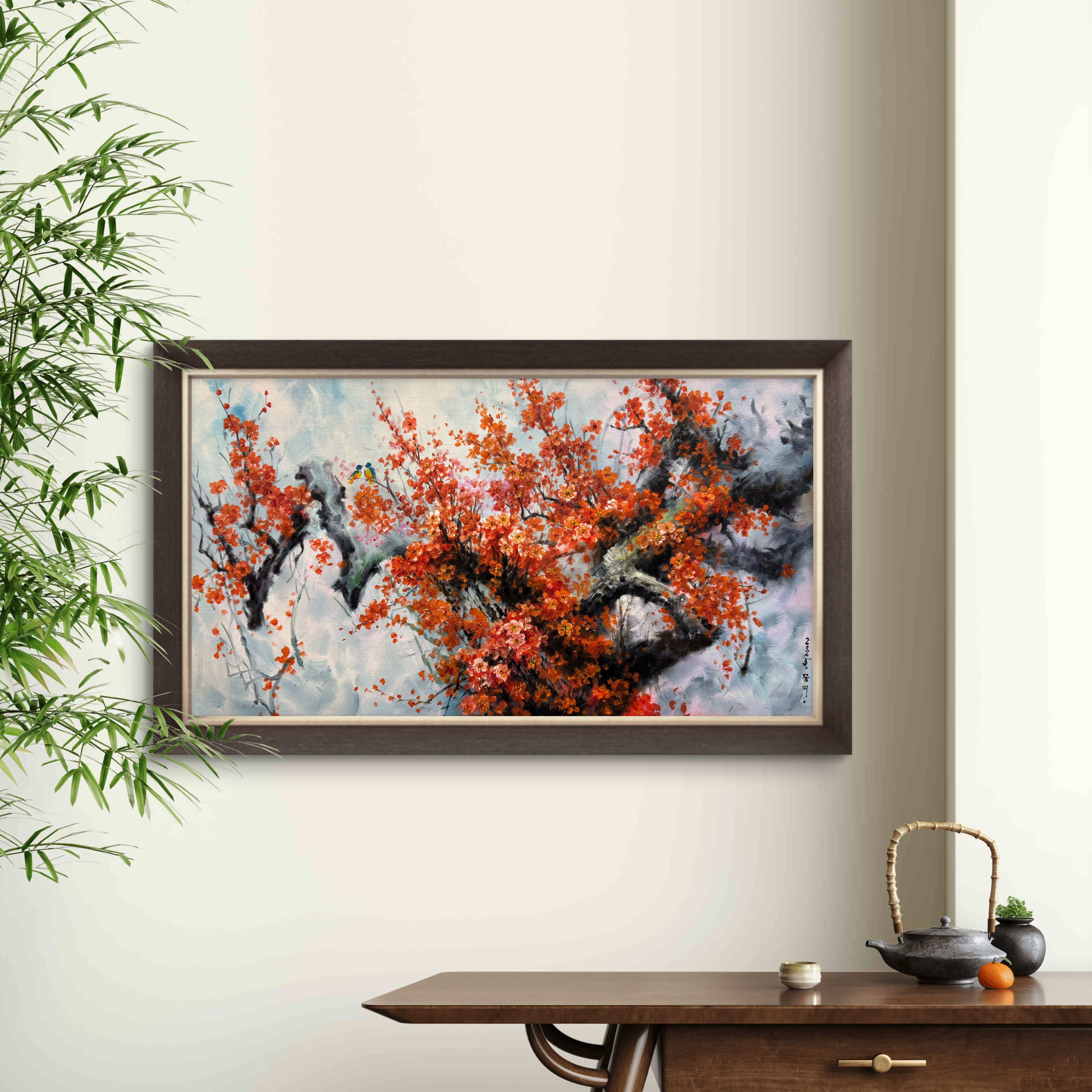 《红梅报春》纯手绘梅花油画报春图中式茶室书房装饰油画55*30cm
