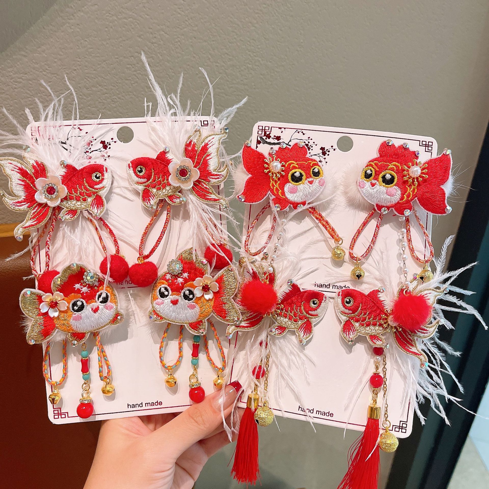 儿童毛球发夹新年中国风发饰蝴蝶结流苏发卡对夹喜庆红色系头饰