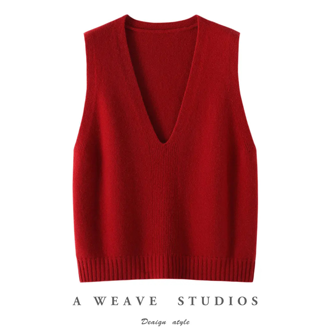 大V领100%纯羊毛针织马甲女MS8870新款无袖叠穿外搭毛衣背心