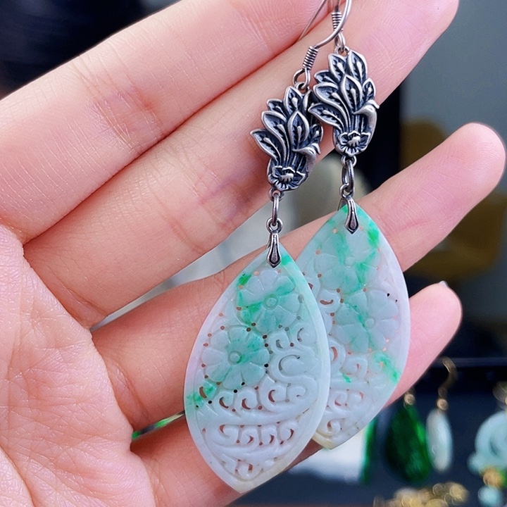 翡翠耳饰银S925镶嵌饰品