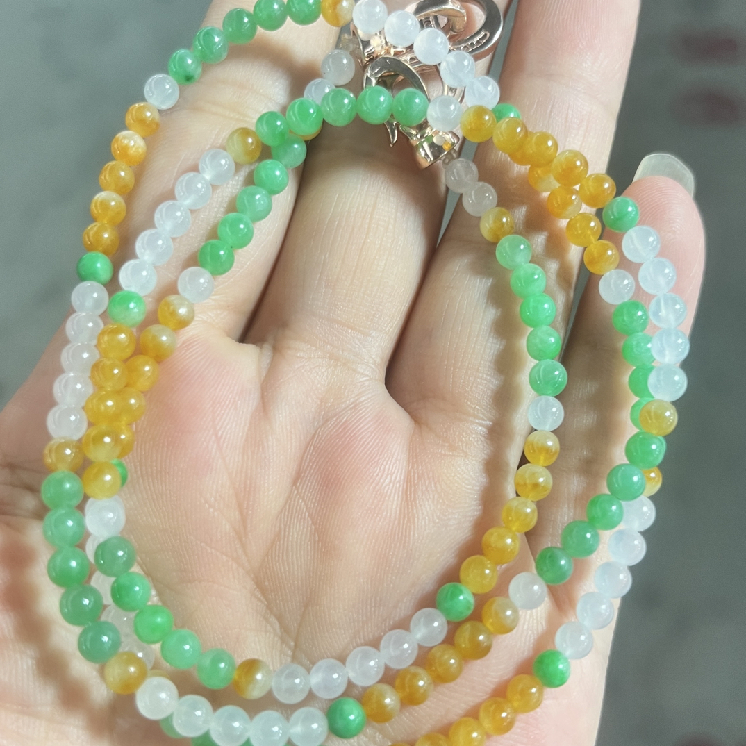 缅甸天然A货翡翠多层彩色珠珠长链女款小米珠叠戴