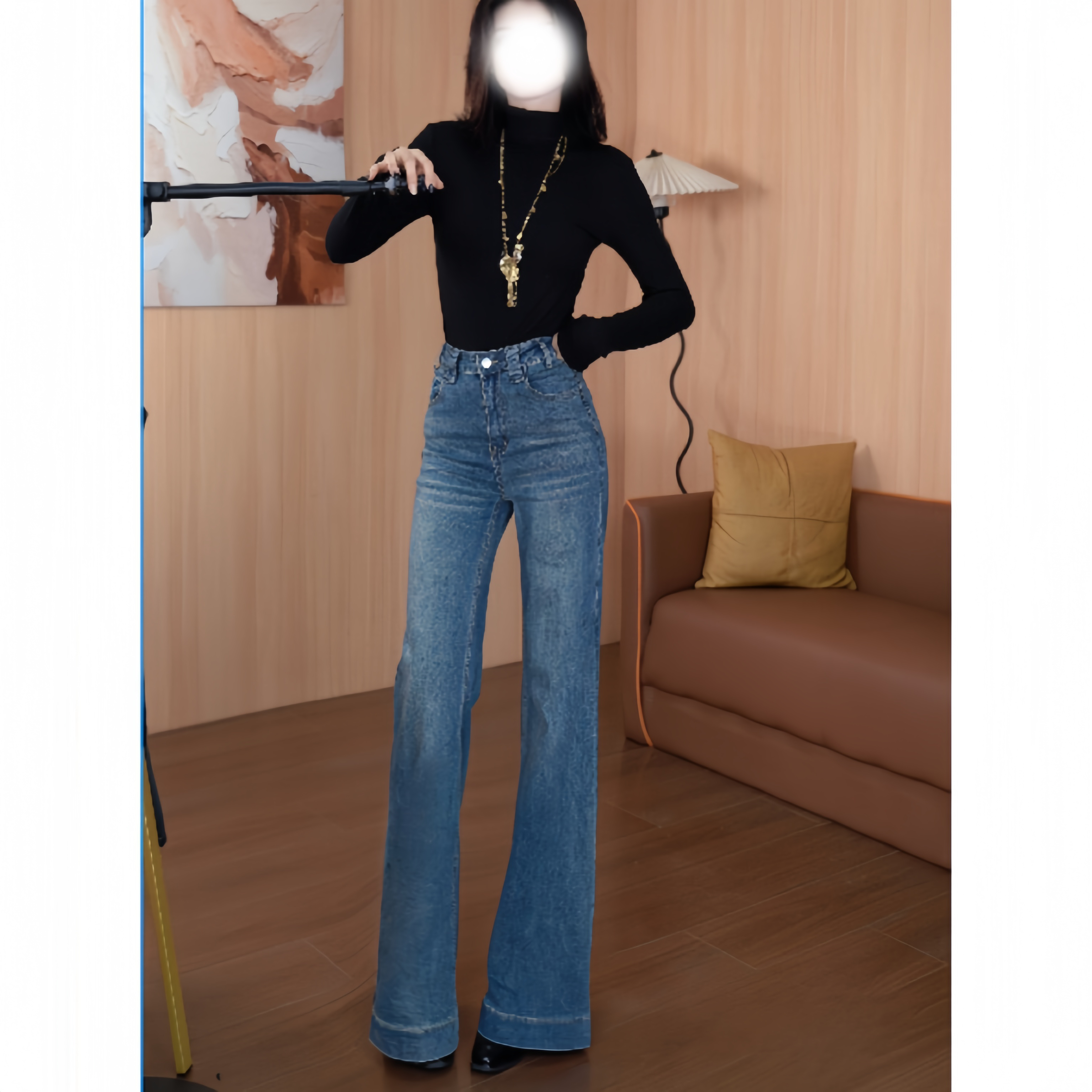 【qiuqiu】不贴腿喇叭牛仔裤女秋冬新款宽松显瘦高腰爆款弹力拖地裤