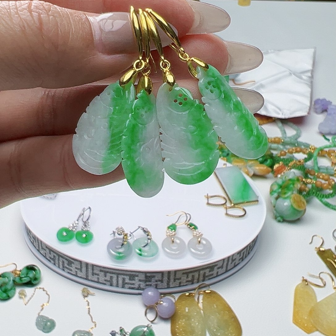 翡翠耳饰银S925镶嵌天然缅甸A货翡翠