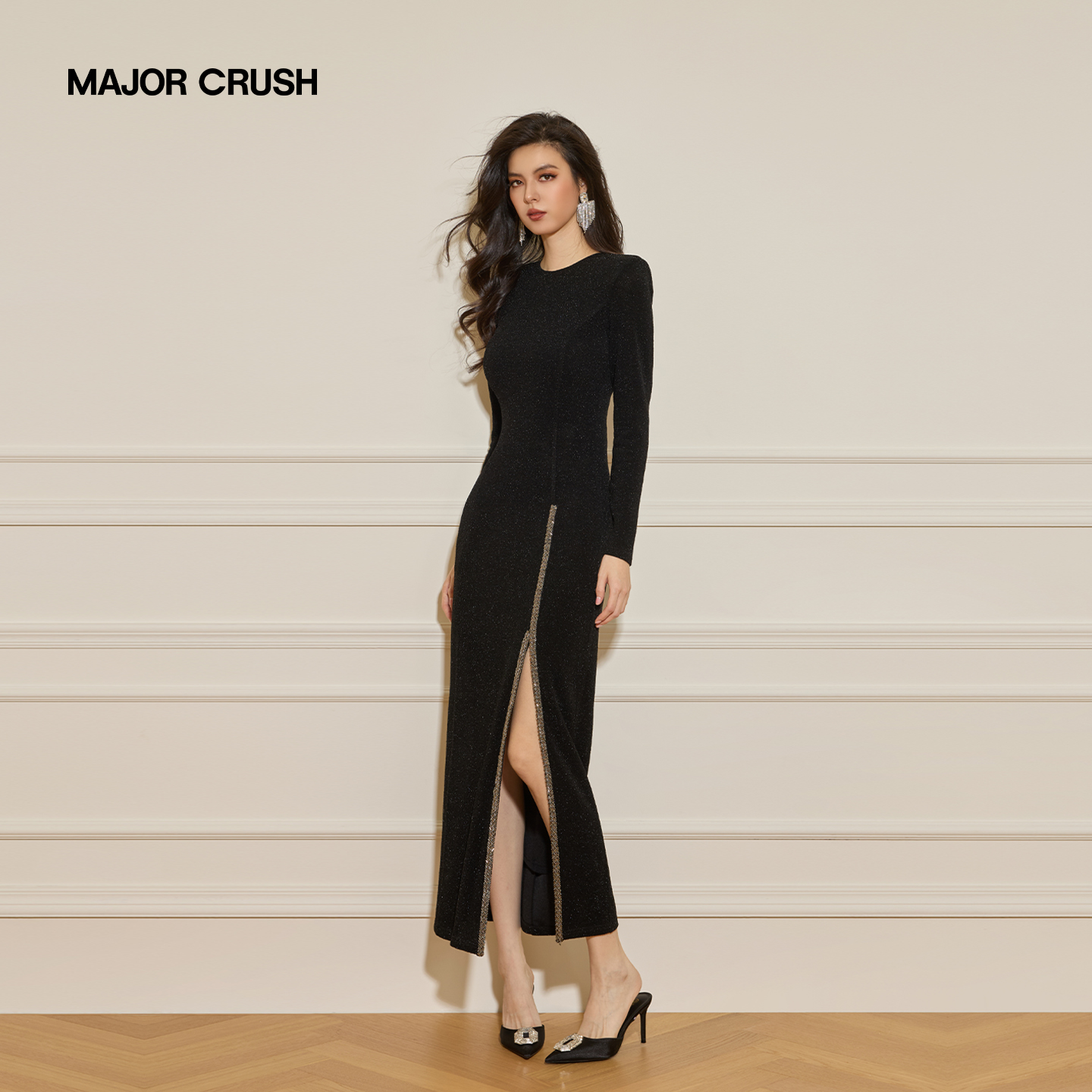 MAJOR CRUSH新款冬季黑色气质显瘦时尚长裙夜曲星辰连衣裙7971