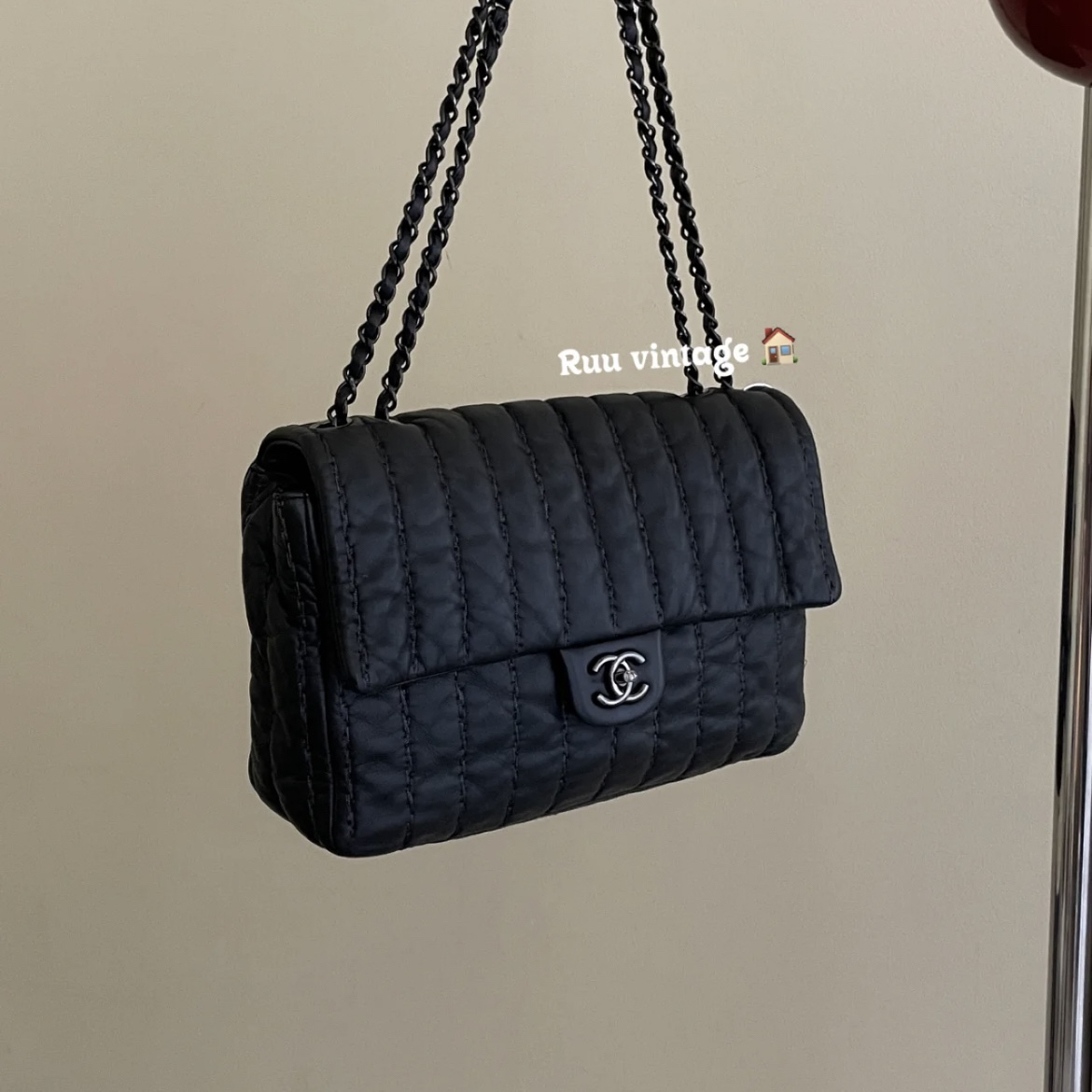 95新 Chanel/香奈儿 黑银竖纹泡芙单肩包 6734