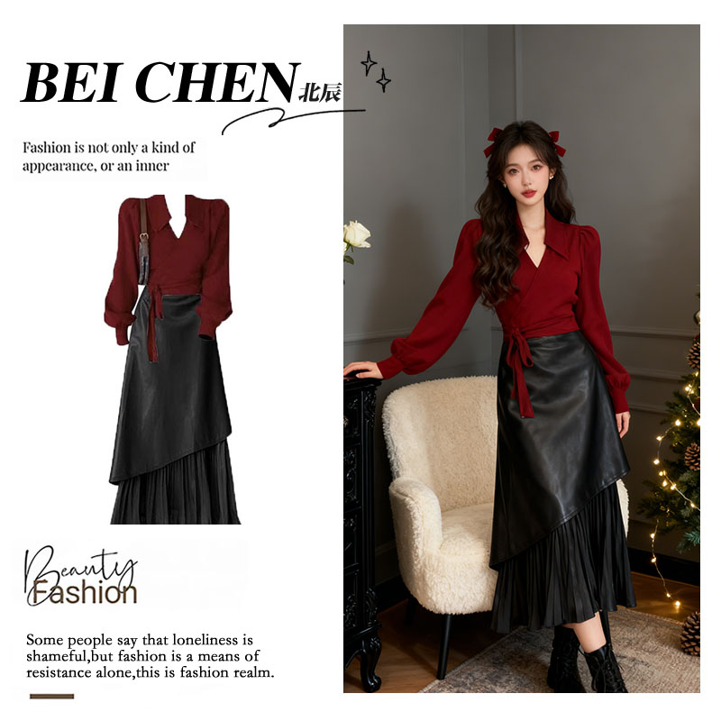 大码复古港风套装女2025新款高级感毛衣搭不规则显瘦半身裙两件套