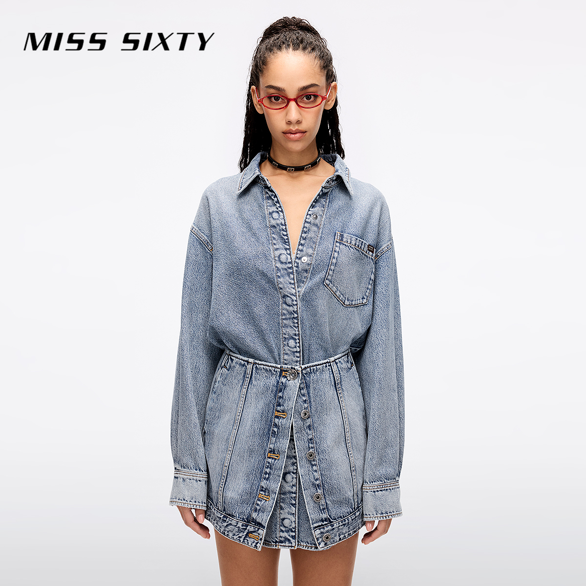 Miss Sixty2025夏季新款牛仔连衣裙女长袖含醋酸三件式复古风休闲