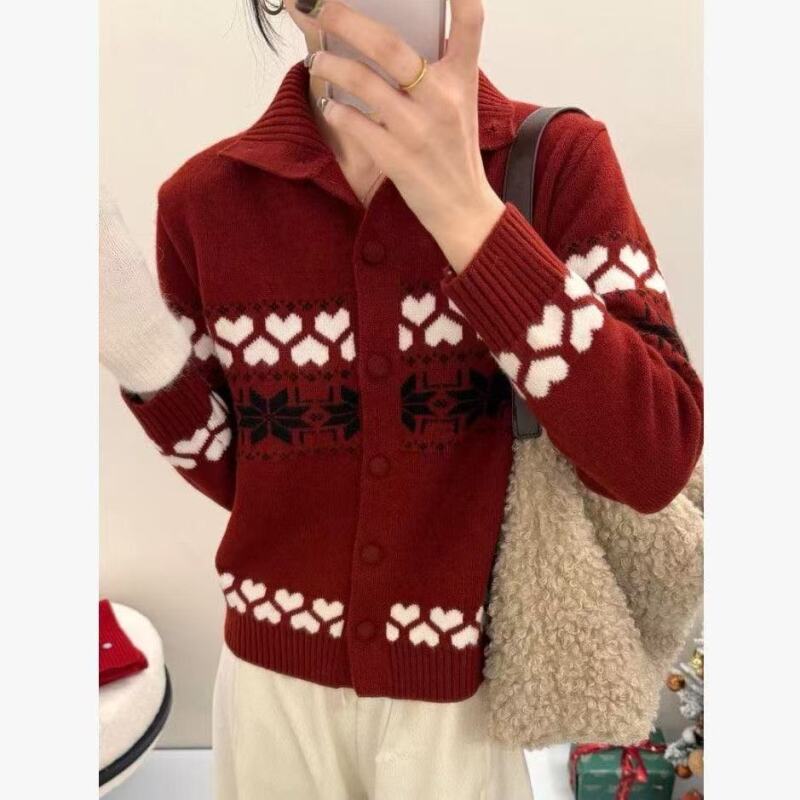 【红色爱心雪花】秋冬新款针织开衫减龄百搭显瘦显白a18