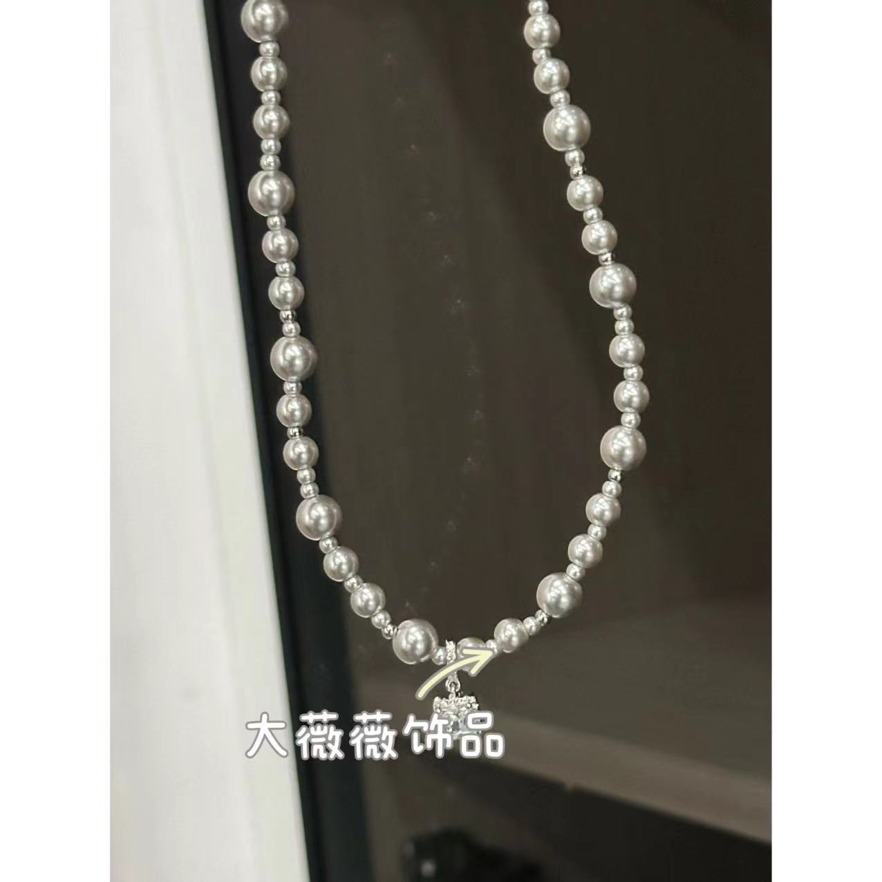 铜合金项链 简约方糖灰色珠珠项链-67543