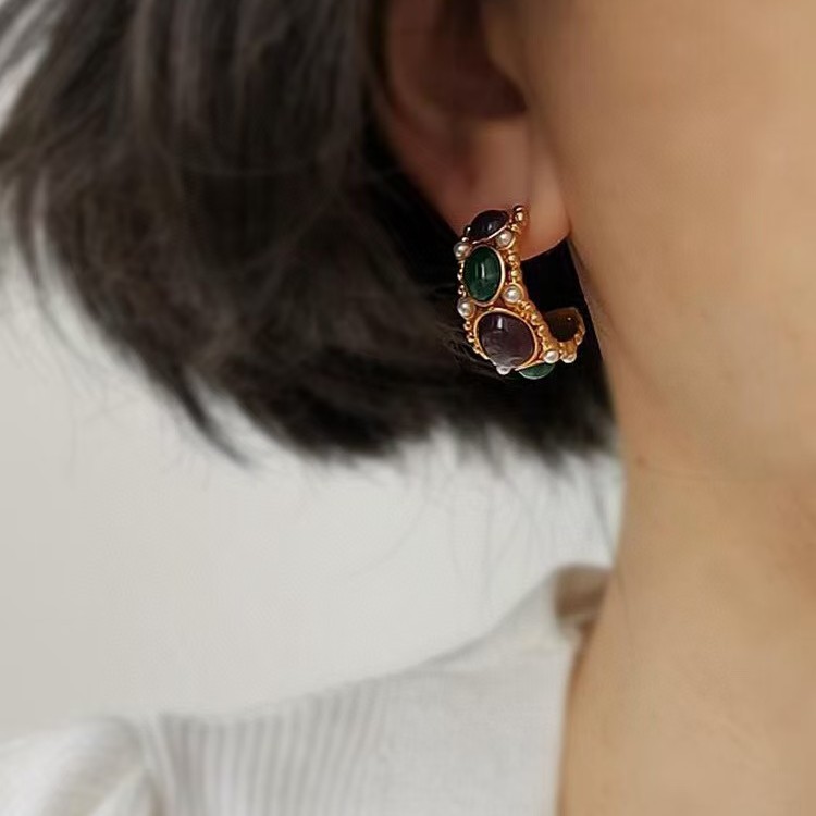 铜合金耳饰 F370彩色中古系列c圈款耳钉耳饰