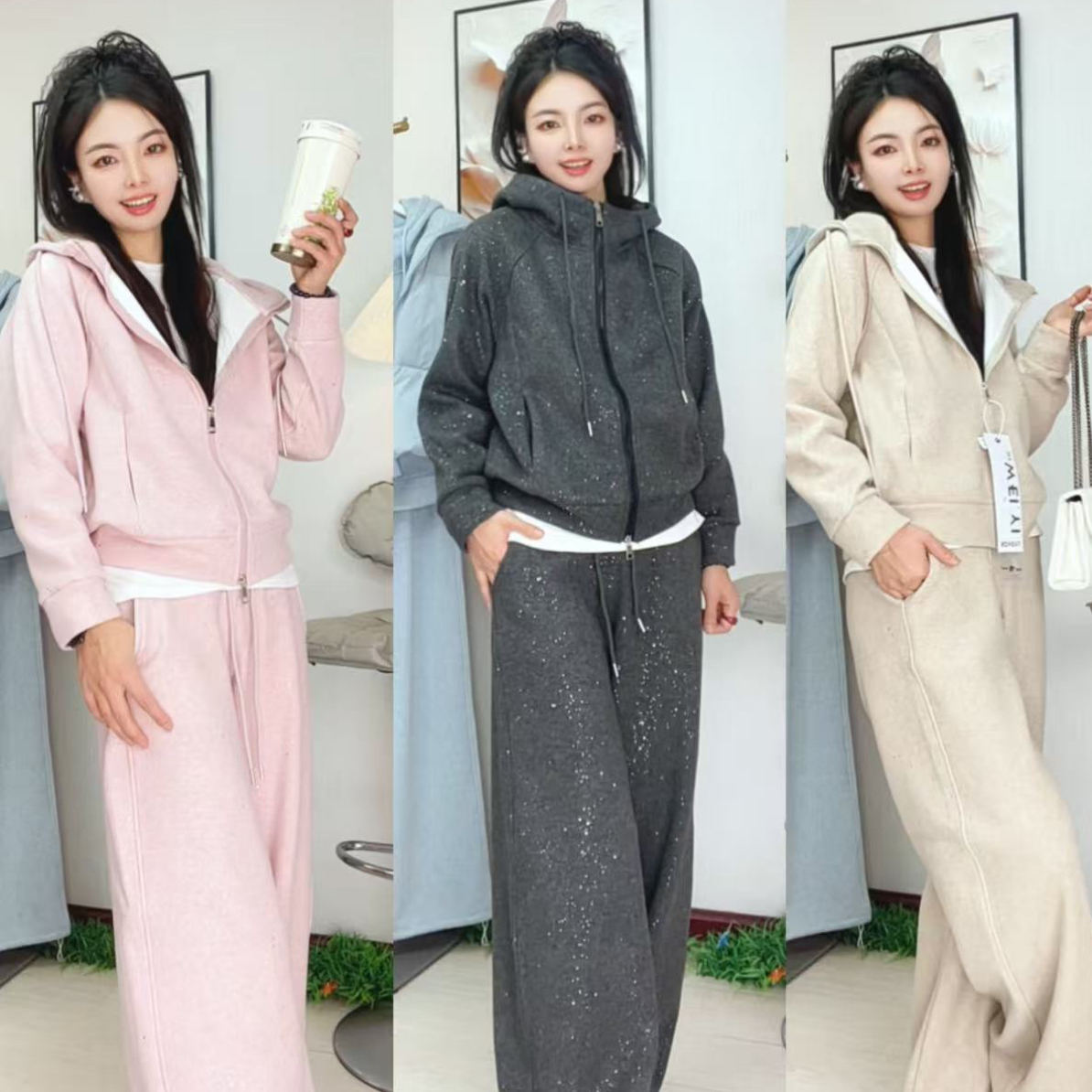 现货】满天星新款加绒加厚连帽套装女时尚气质休闲穿搭