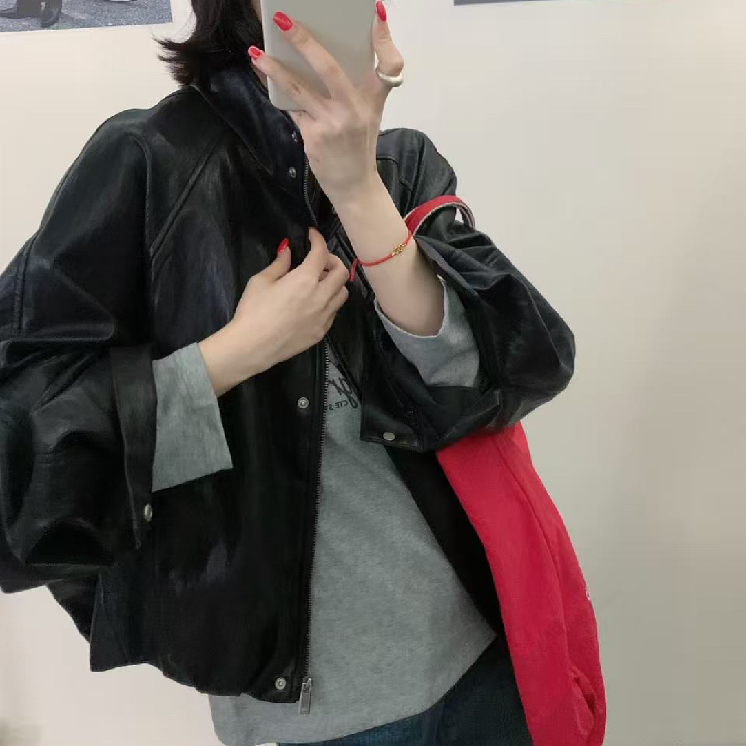 立领朋克风宽松皮衣夹克M81666
