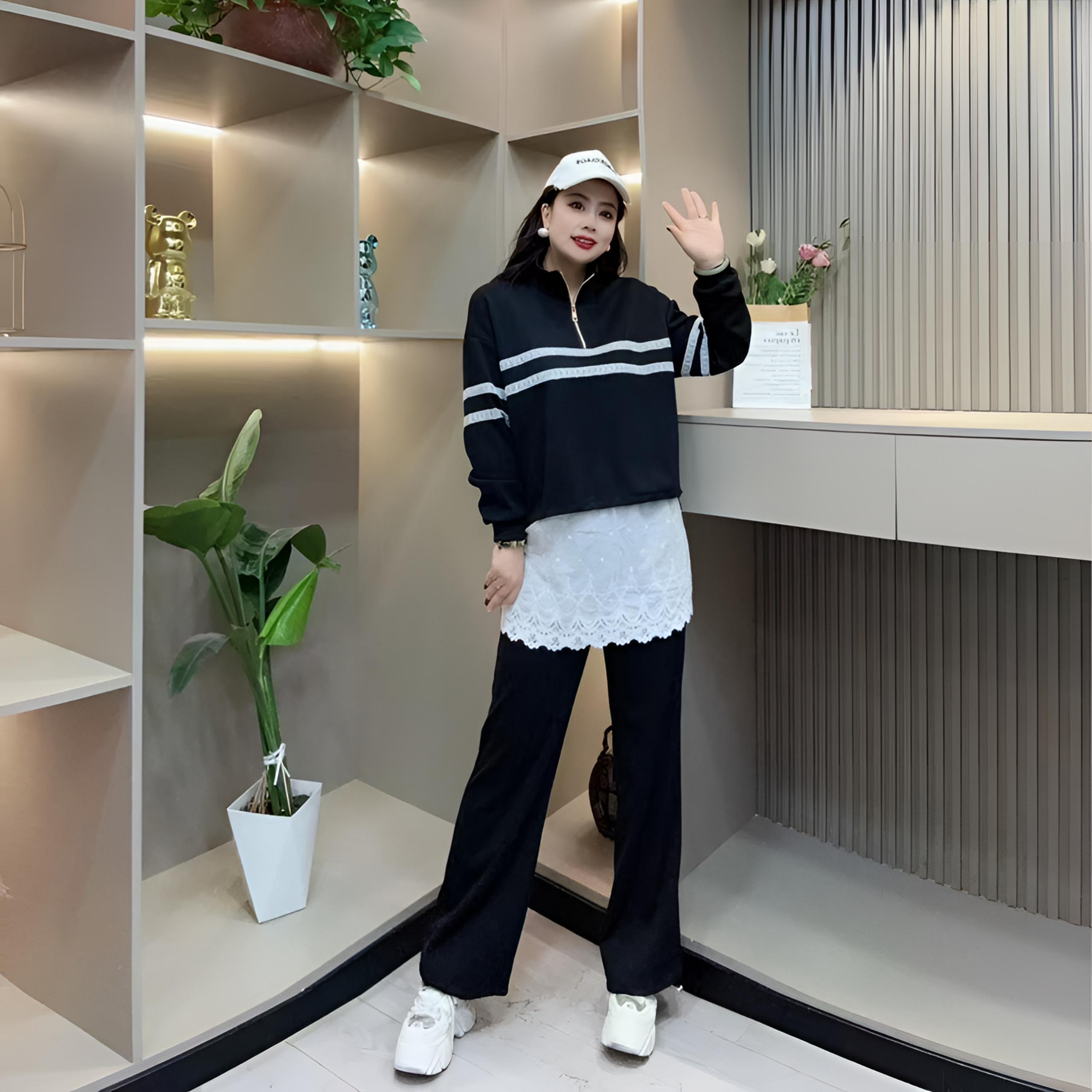 春季两件套-甜 3634时尚蕾丝边假两件休闲显瘦款胖MM大码女装新款