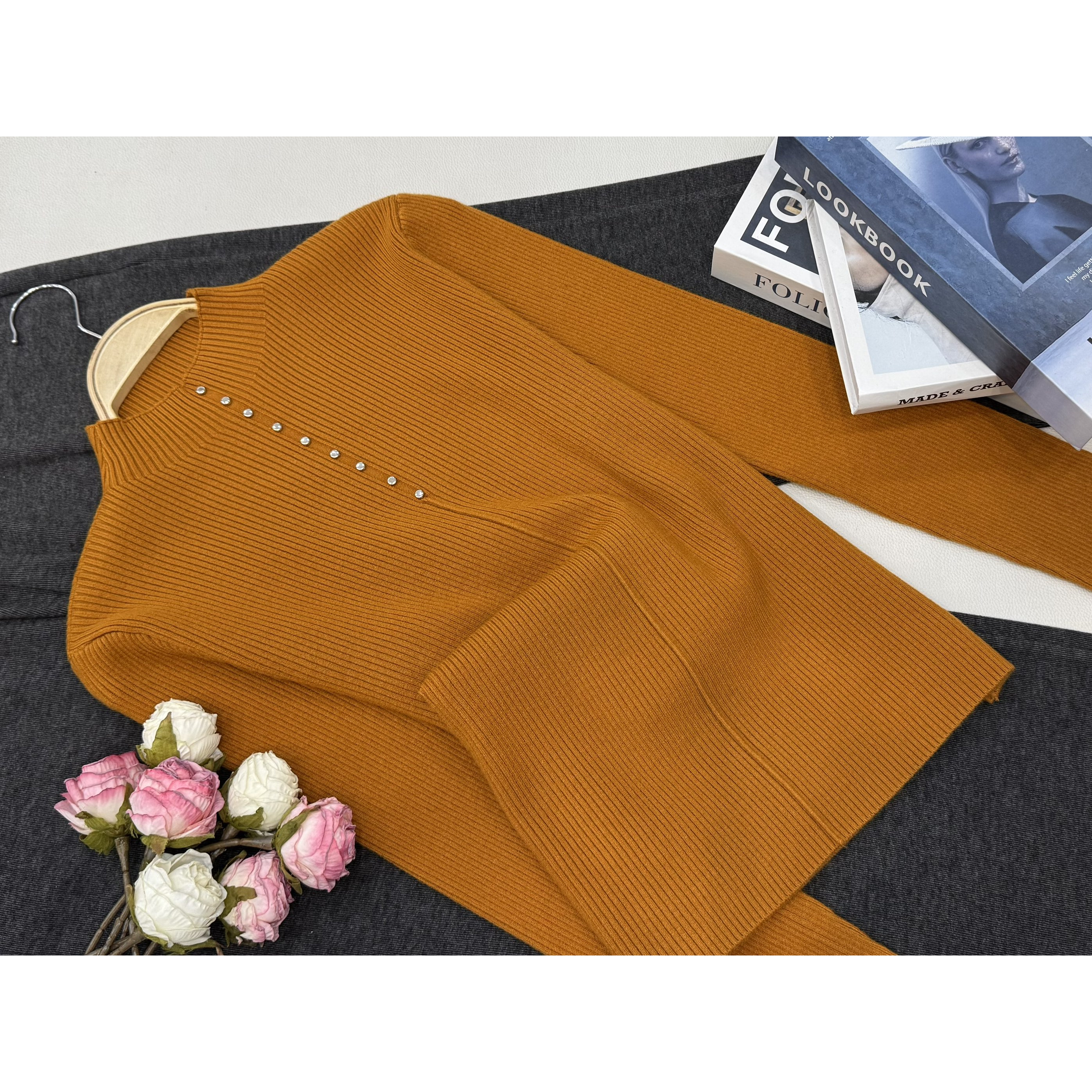 【橘色小金豆套头】秋冬新款时尚长袖针织上衣QC6040