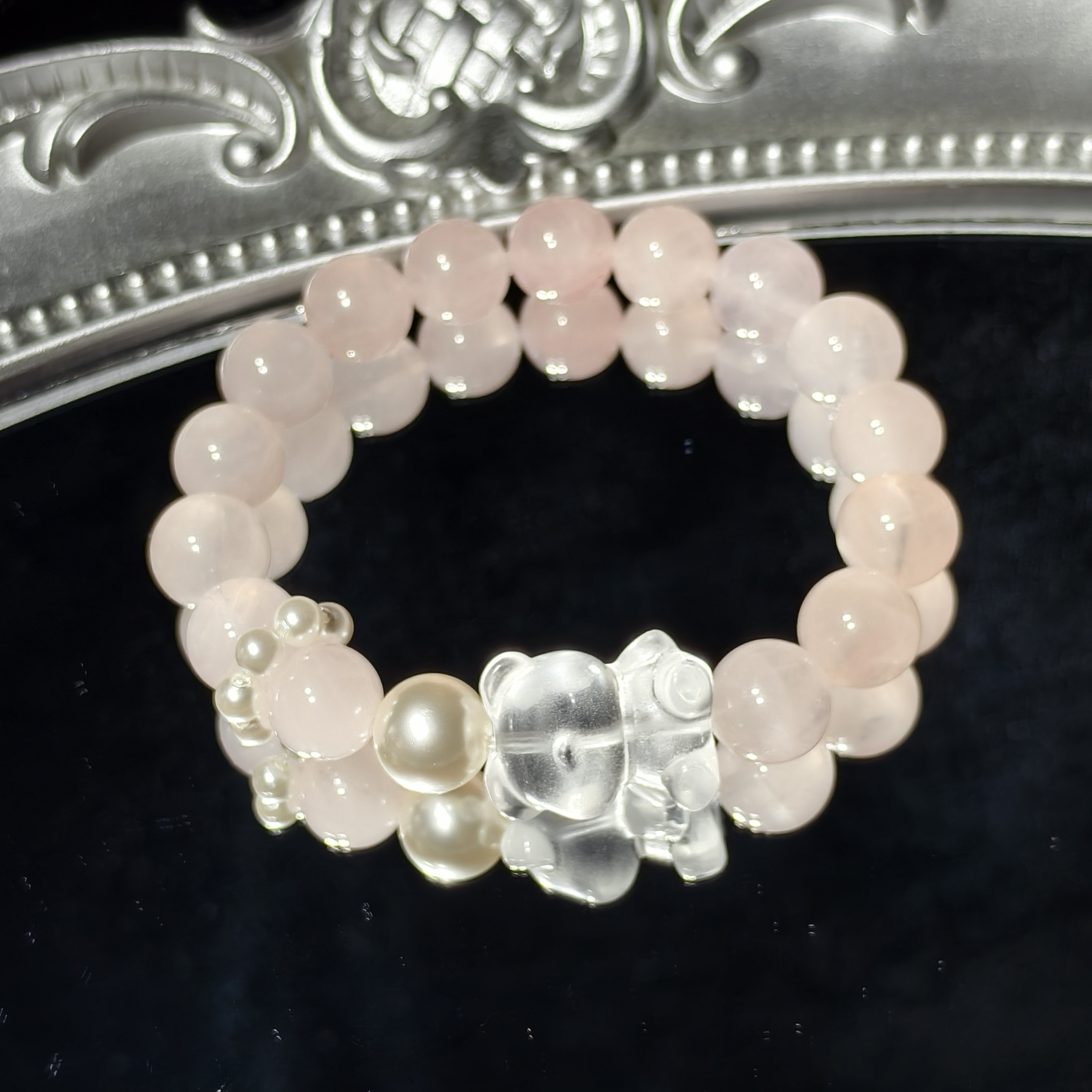 cy80-西柚粉白水晶小熊珍珠跑环手串