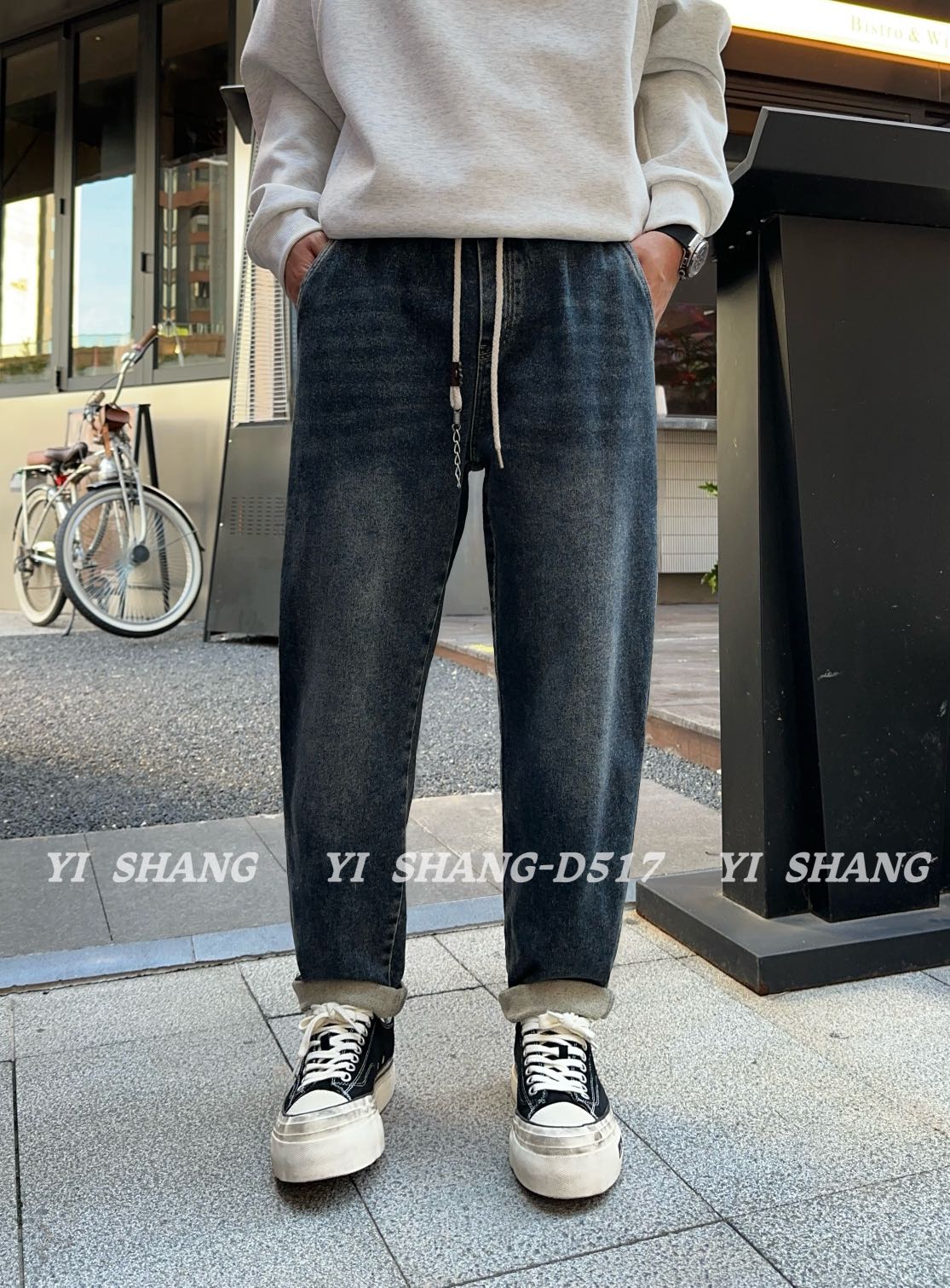 D517#（底抓绒）冬季加厚美式复古水洗潮流宽松牛仔裤