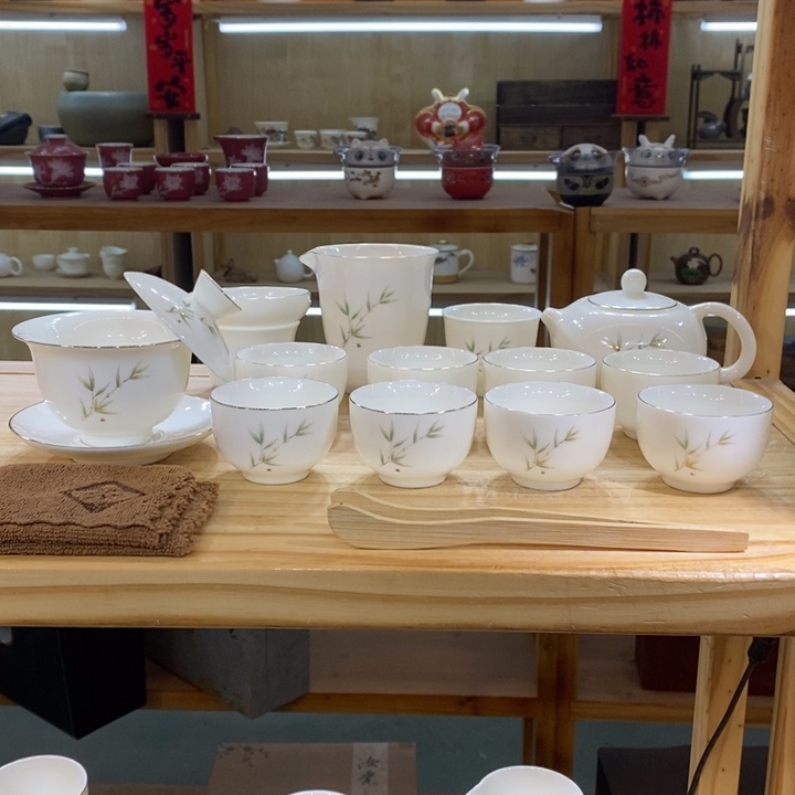 竹报平安羊脂玉茶具大套装