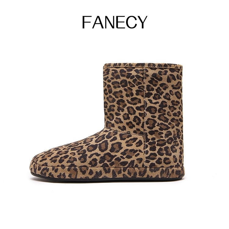 2025秋冬新款豹纹羊羔毛雪地靴平底百搭保暖舒适中筒女靴