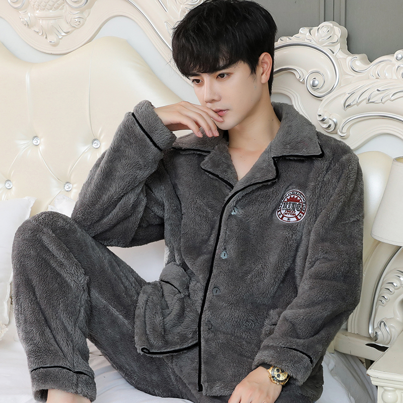 秋冬季青年男士睡衣珊瑚绒大码长袖加厚加绒春秋家居服法兰绒套装