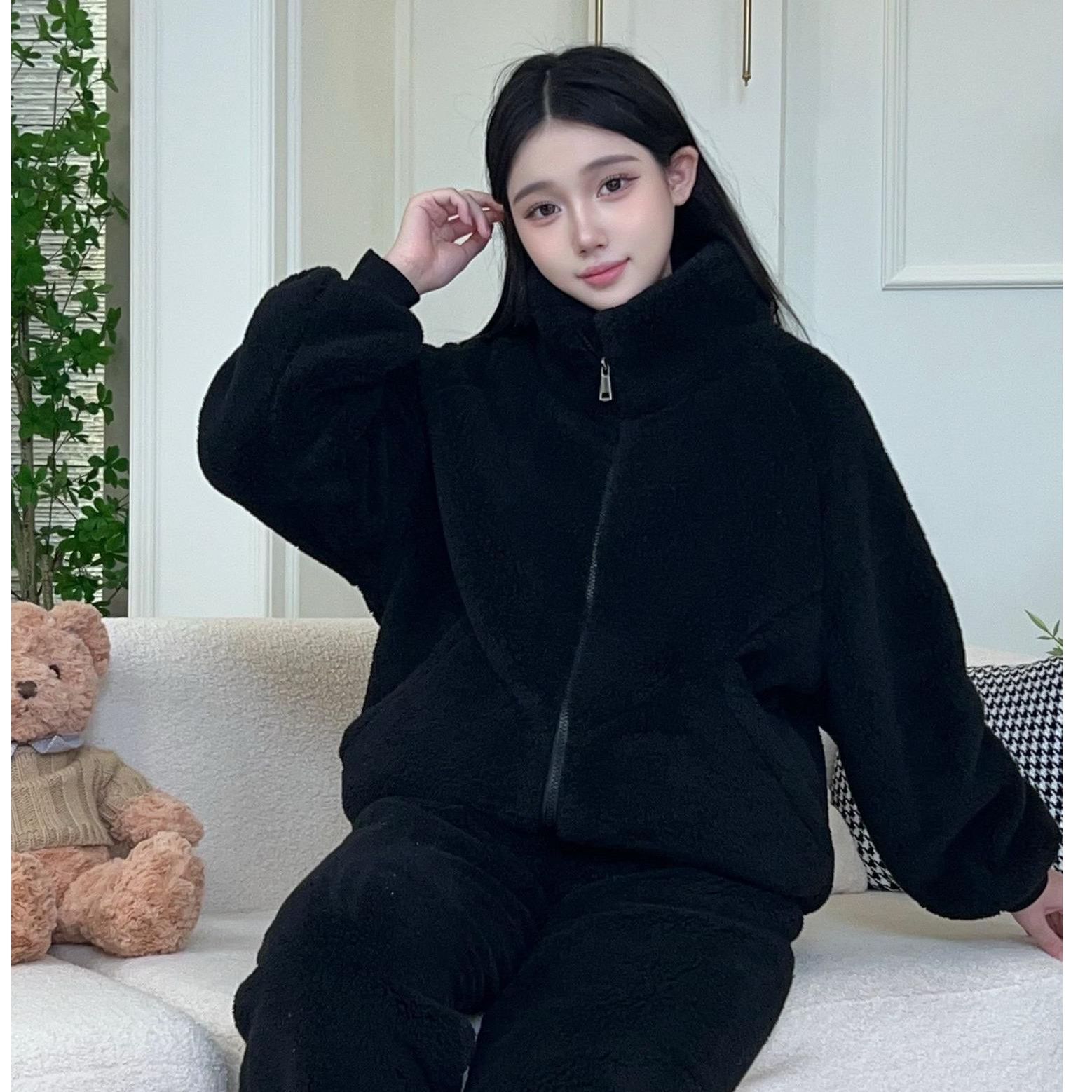 【双层复合绒】 睡衣女加绒加加加厚连帽家外穿居服 套装