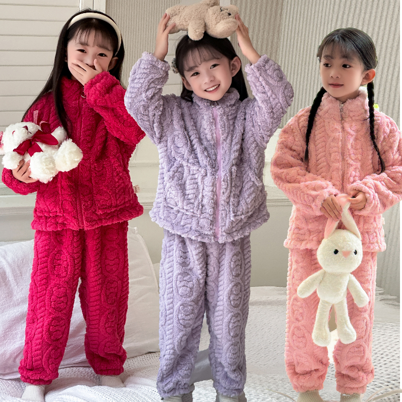 秋冬儿童法兰绒睡衣加绒加厚宝宝中大童珊瑚绒家居服亲子睡衣套装