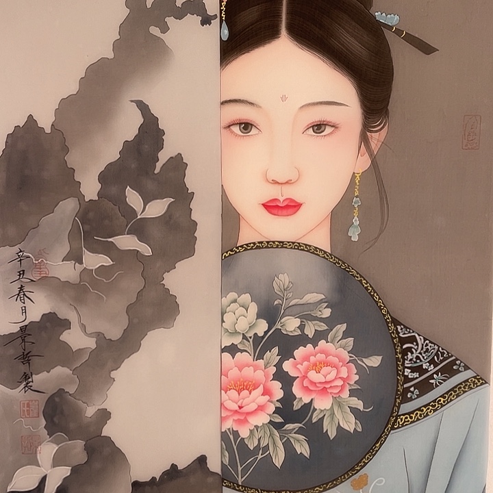 明***好带灯款崔老师绢本人物