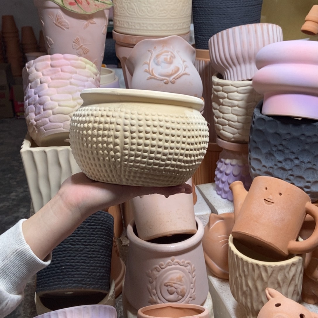 15×11白陶珠点鼓型盆 粗陶1个