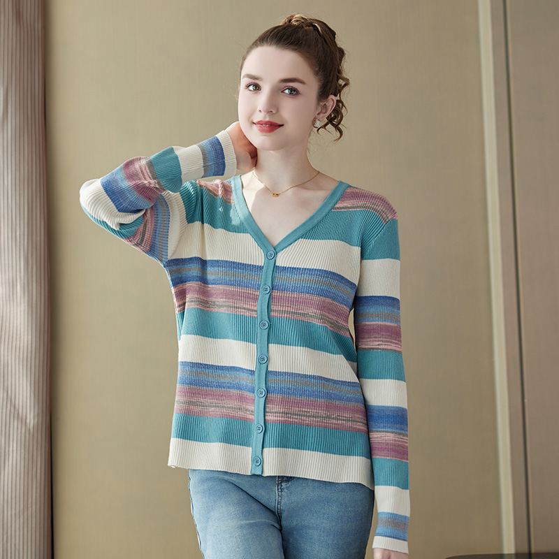 奢姿2025春季新款大码女装气质V领条纹上衣胖妹妹休闲减龄针织衫