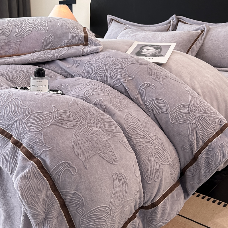 【百合花开】冬季加厚保暖雕花牛奶绒四件套轻奢床单床上床品套件