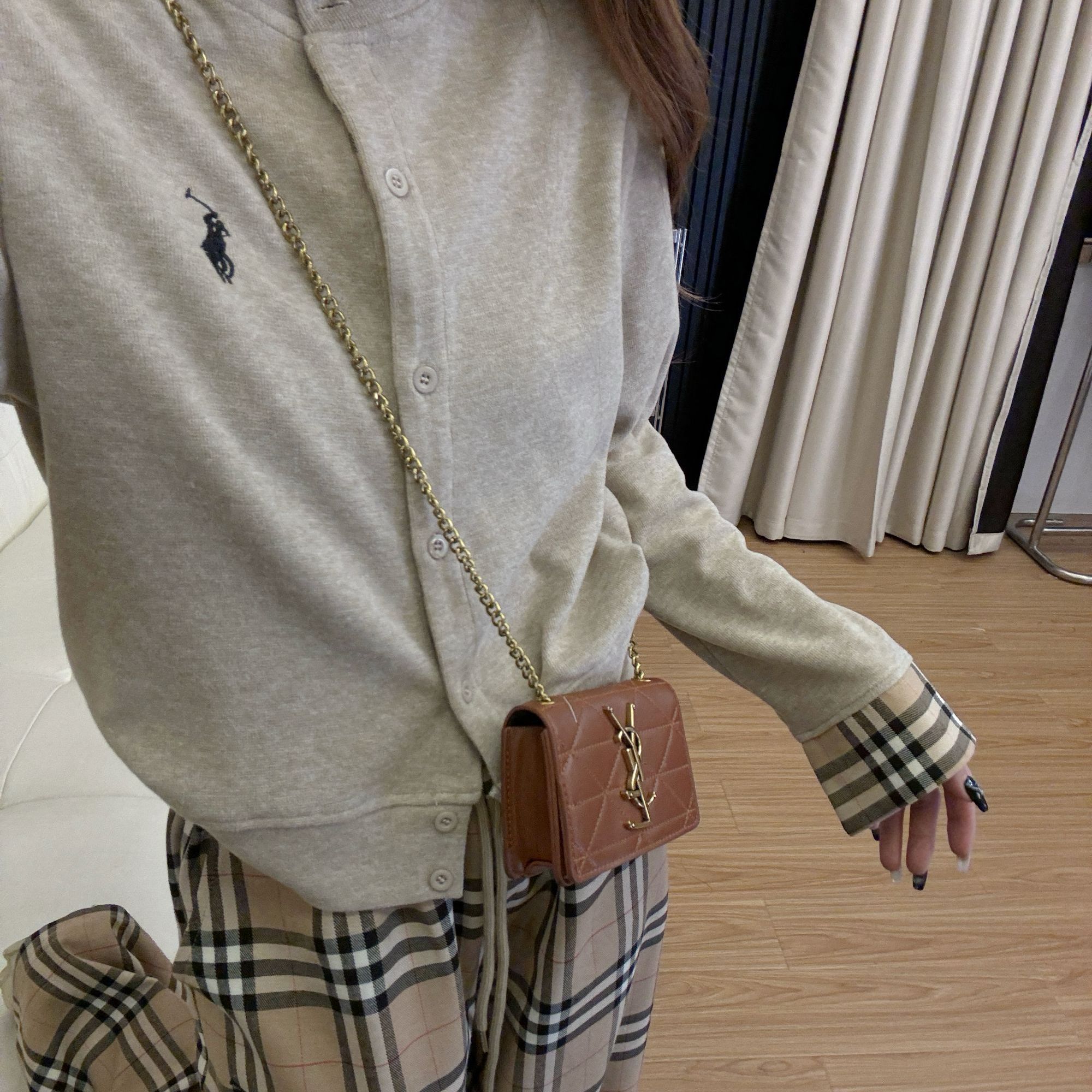 李馨儿【黄格套装】显瘦气质运动白色针织时尚休闲春秋直筒格纹套装