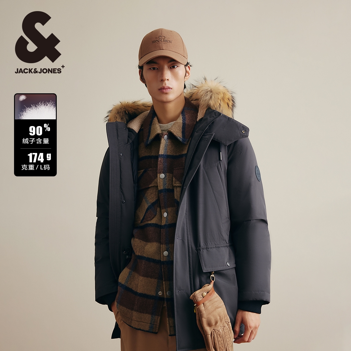 杰克琼斯男装厚外套WOOLRICH联名款新款宽松男士连帽羽绒服中长款